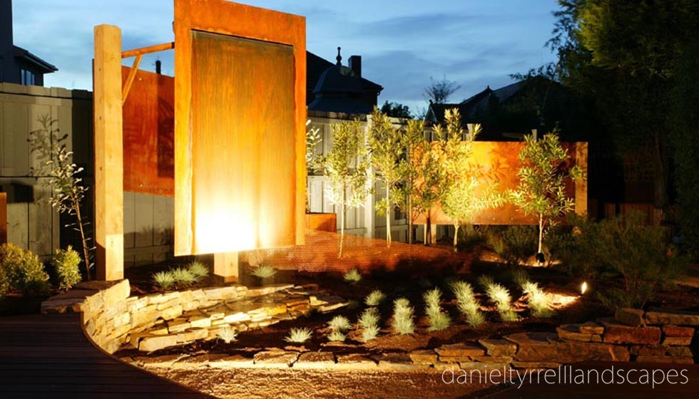 a dry climate garden glows in the sunset