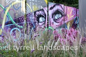Laneway garden with graffiti artwork and bluestone pavers
